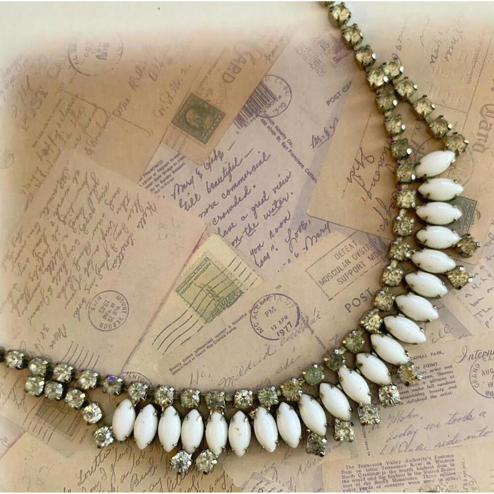 Vintage Silver-Tone Milk Glass Navette & Clear Rhinestone Choker Necklace